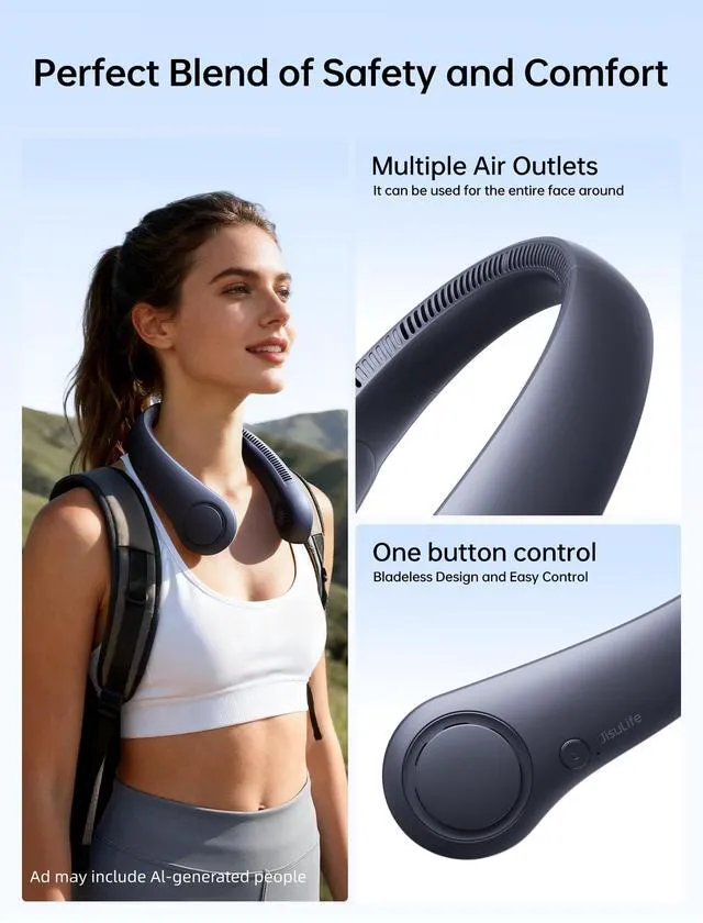 Alt view image 4 of 7 - Portable Neck Fan, Hands Free Bladeless Fan, 5 Speeds, 4000 mAh | Battery Operated Wearable Personal Fan, Twistable, Rechargeable Travel Essentials, Gifts for Women Men-Blue