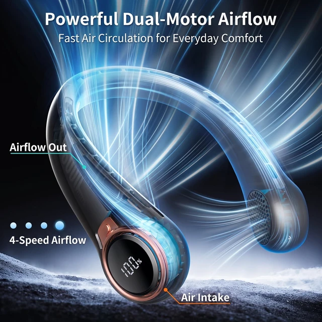 Alt view image 2 of 7 - Portable Neck Fan, 6000mAh Rechargeable Fan Blows Cold Air with LED Display, 4 Speeds, 20H Runtime, Quiet Wearable 360° Personal Cooling Fan for Outdoor Travel Work Gym Gift for Women Men-Black