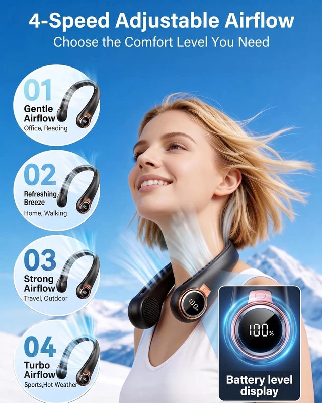 Alt view image 4 of 7 - Portable Neck Fan, 6000mAh Rechargeable Fan Blows Cold Air with LED Display, 4 Speeds, 20H Runtime, Quiet Wearable 360° Personal Cooling Fan for Outdoor Travel Work Gym Gift for Women Men-Black