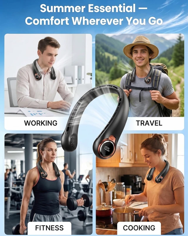 Alt view image 7 of 7 - Portable Neck Fan, 6000mAh Rechargeable Fan Blows Cold Air with LED Display, 4 Speeds, 20H Runtime, Quiet Wearable 360° Personal Cooling Fan for Outdoor Travel Work Gym Gift for Women Men-Black