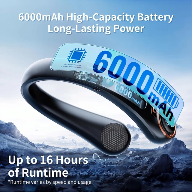 Alt view image 3 of 7 - Portable Neck Fan, 6000mAh Rechargeable Fan Blows Cold Air with LED Display, 4 Speeds, 20H Runtime, Quiet Wearable 360° Personal Cooling Fan for Outdoor Travel Work Gym Gift for Women Men-Black