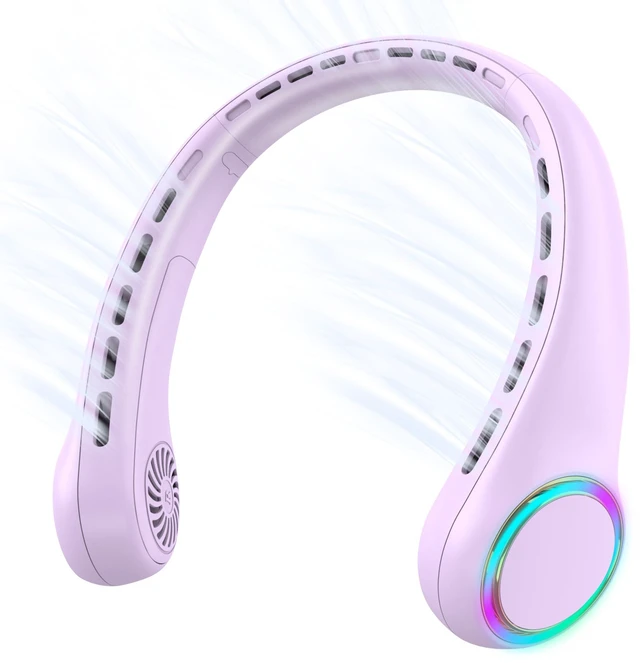 Main image of Portable Neck Fan, Personal Fan with 4000mAh Battery, Rechargeable Neck Fan with 3 Speeds and 64 Cool Lights, Birthday Gifts for Men Women Mom Dad, Hands Free Cooling fan for Summer(Purple)