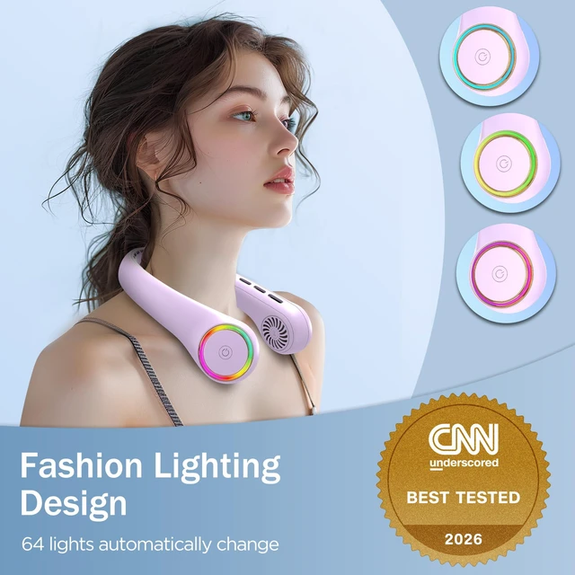 Alt view image 4 of 7 - Portable Neck Fan, Personal Fan with 4000mAh Battery, Rechargeable Neck Fan with 3 Speeds and 64 Cool Lights, Birthday Gifts for Men Women Mom Dad, Hands Free Cooling fan for Summer(Purple)