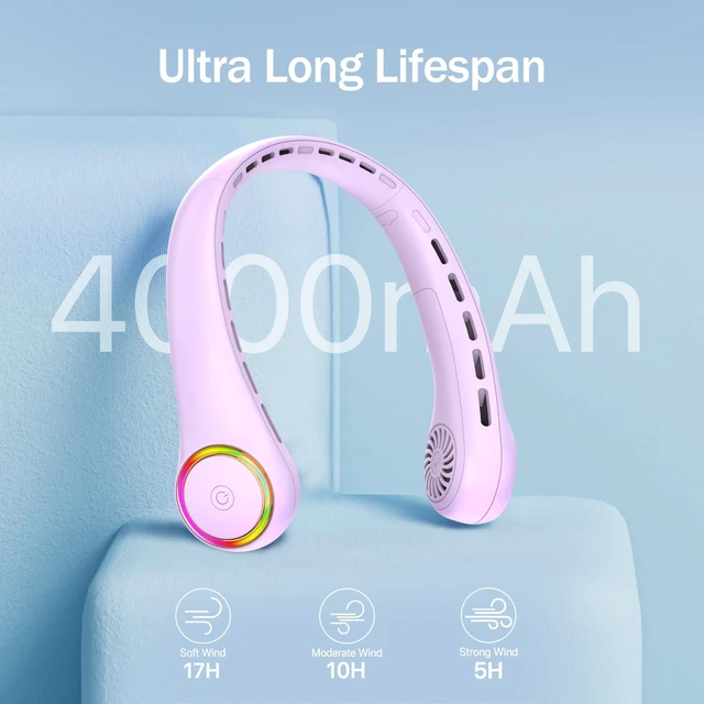 Alt view image 3 of 7 - Portable Neck Fan, Personal Fan with 4000mAh Battery, Rechargeable Neck Fan with 3 Speeds and 64 Cool Lights, Birthday Gifts for Men Women Mom Dad, Hands Free Cooling fan for Summer(Purple)