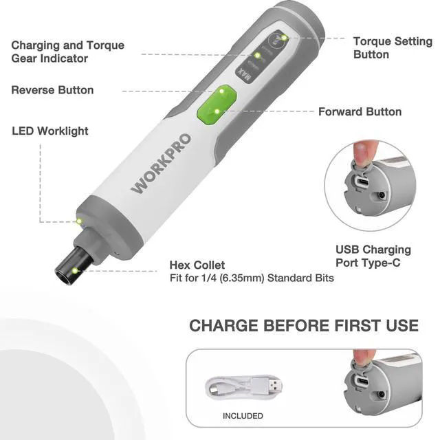 Alt view image 2 of 7 - 4V Electric Screwdriver, Rechargeable Cordless Screwdriver Set with 35 Bits, Extension Rod, USB Charging Cable in Carrying Case, LED Light, White Gray