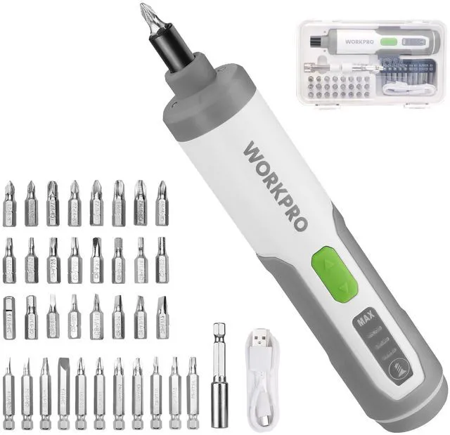 Main image of 4V Electric Screwdriver, Rechargeable Cordless Screwdriver Set with 35 Bits, Extension Rod, USB Charging Cable in Carrying Case, LED Light, White Gray