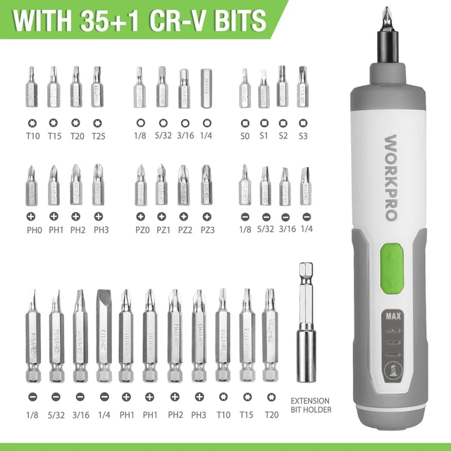 Alt view image 6 of 7 - 4V Electric Screwdriver, Rechargeable Cordless Screwdriver Set with 35 Bits, Extension Rod, USB Charging Cable in Carrying Case, LED Light, White Gray