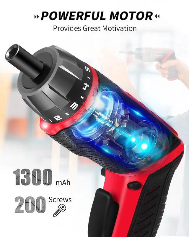 Alt view image 3 of 7 - 4V Electric Cordless Screwdriver Set 5.65Nm 37 Bits with Case | 5.65Nm, 5+1 Torque Settings, 2-Position Handle, 37 Accessories, LED Light, for Precision Assembly & Furniture Installation