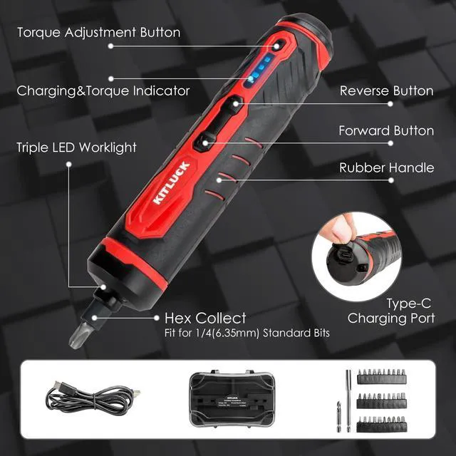 Alt view image 3 of 7 - Electric Screwdriver, 4V Power Cordless Screwdriver Rechargeable Set with Li-ion Battery, 31 Bits&Extension Rod, 3 LED, 3 Adjustable Torque, Magnetic Hex Chuck, Mini Electric Screw driver Kit