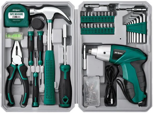 Main image of 4V USB Electric Screwdriver Tool Kit for Home Repairs, Green | 42pc, fast assembly help, common screw bit selection, LED visibility, compact grip, quick household fixes, organized storage