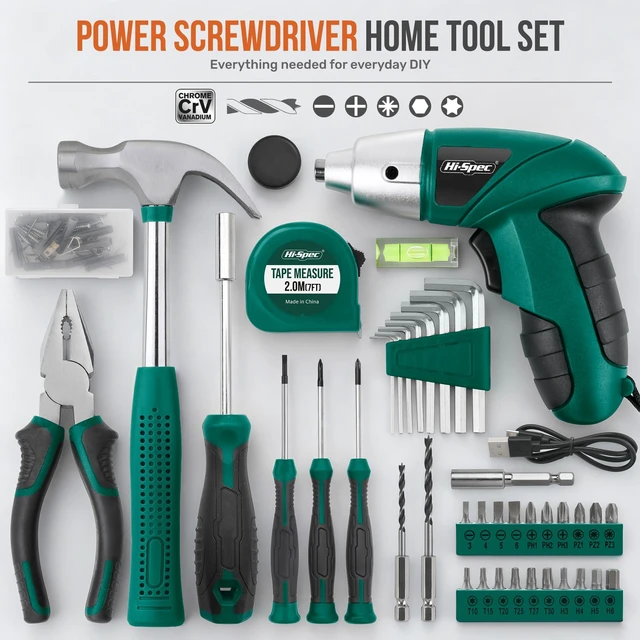 Alt view image 2 of 7 - 4V USB Electric Screwdriver Tool Kit for Home Repairs, Green | 42pc, fast assembly help, common screw bit selection, LED visibility, compact grip, quick household fixes, organized storage