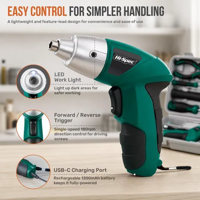 Alt view image 3 of 7 - 4V USB Electric Screwdriver Tool Kit for Home Repairs, Green | 42pc, fast assembly help, common screw bit selection, LED visibility, compact grip, quick household fixes, organized storage