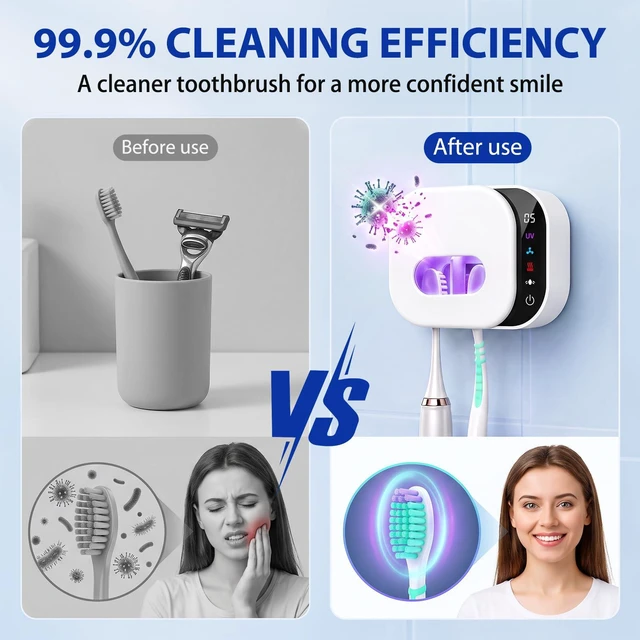 Alt view image 3 of 7 - Toothbrush Cleaner Holder, Infrared Sensing & Drying with 2 Slots | Portable Toothbrush Covers Case, Wall Mounted Tooth Brush Holder with LED Smart Display & Hot Air Drying for Home Travel