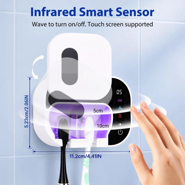 Alt view image 2 of 7 - Toothbrush Cleaner Holder, Infrared Sensing & Drying with 2 Slots | Portable Toothbrush Covers Case, Wall Mounted Tooth Brush Holder with LED Smart Display & Hot Air Drying for Home Travel
