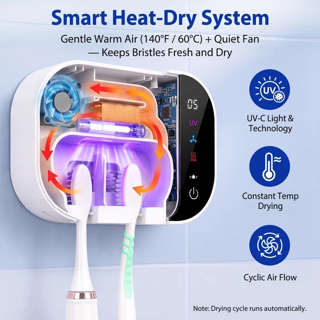 Alt view image 6 of 7 - Toothbrush Cleaner Holder, Infrared Sensing & Drying with 2 Slots | Portable Toothbrush Covers Case, Wall Mounted Tooth Brush Holder with LED Smart Display & Hot Air Drying for Home Travel