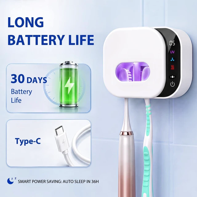 Alt view image 4 of 7 - Toothbrush Cleaner Holder, Infrared Sensing & Drying with 2 Slots | Portable Toothbrush Covers Case, Wall Mounted Tooth Brush Holder with LED Smart Display & Hot Air Drying for Home Travel
