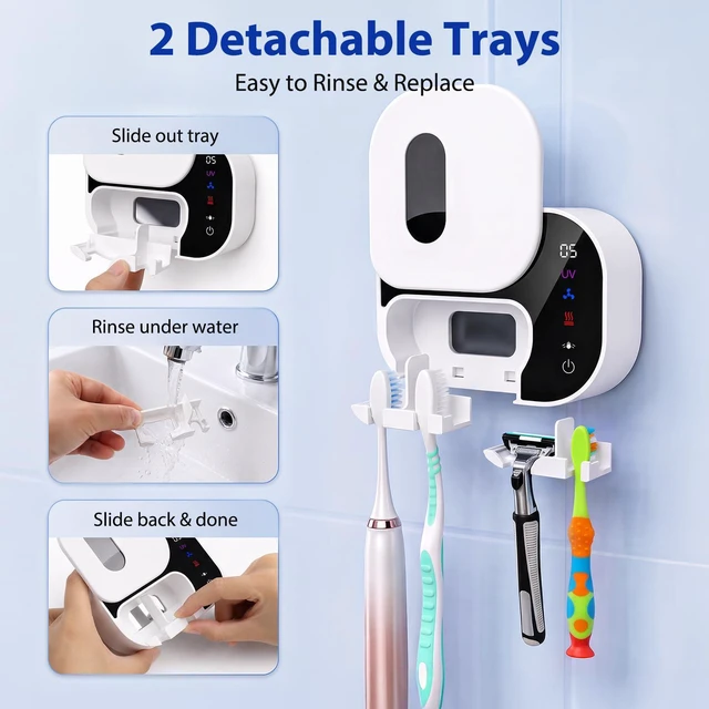 Alt view image 7 of 7 - Toothbrush Cleaner Holder, Infrared Sensing & Drying with 2 Slots | Portable Toothbrush Covers Case, Wall Mounted Tooth Brush Holder with LED Smart Display & Hot Air Drying for Home Travel