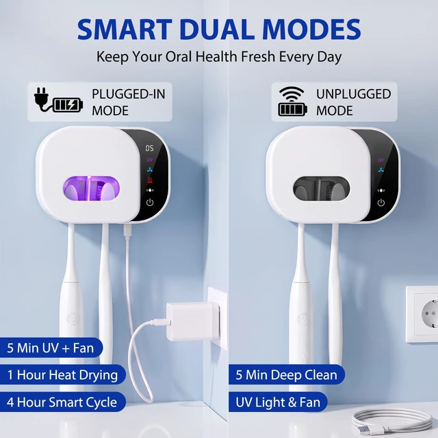 Alt view image 5 of 7 - Toothbrush Cleaner Holder, Infrared Sensing & Drying with 2 Slots | Portable Toothbrush Covers Case, Wall Mounted Tooth Brush Holder with LED Smart Display & Hot Air Drying for Home Travel
