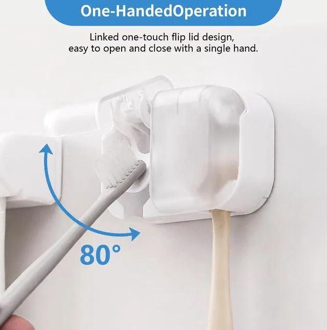 Alt view image 2 of 7 - 2 PCS Toothbrush Holder with Cover for Bathroom, Wall Mounted | 2 Separate Slots, One-Hand Use, Dustproof Cover, Quick Dry, Countertop Saver, Removable Washable, No Drill for Family & RV