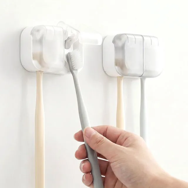 Main image of 2 PCS Toothbrush Holder with Cover for Bathroom, Wall Mounted | 2 Separate Slots, One-Hand Use, Dustproof Cover, Quick Dry, Countertop Saver, Removable Washable, No Drill for Family & RV