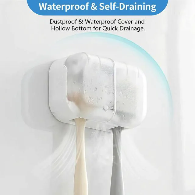 Alt view image 3 of 7 - 2 PCS Toothbrush Holder with Cover for Bathroom, Wall Mounted | 2 Separate Slots, One-Hand Use, Dustproof Cover, Quick Dry, Countertop Saver, Removable Washable, No Drill for Family & RV