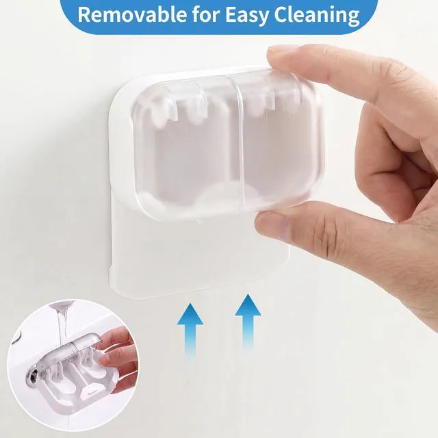 Alt view image 4 of 7 - 2 PCS Toothbrush Holder with Cover for Bathroom, Wall Mounted | 2 Separate Slots, One-Hand Use, Dustproof Cover, Quick Dry, Countertop Saver, Removable Washable, No Drill for Family & RV