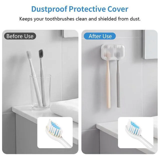 Alt view image 5 of 7 - 2 PCS Toothbrush Holder with Cover for Bathroom, Wall Mounted | 2 Separate Slots, One-Hand Use, Dustproof Cover, Quick Dry, Countertop Saver, Removable Washable, No Drill for Family & RV