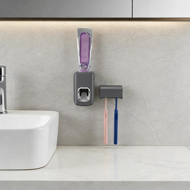 Alt view image 4 of 6 - Toothbrush Holder Wall Mounted with Cover for Bathroom, 2 Slots Toothbrush Storage Organizer for Shower, Self Adhesive Toothbrush Hanger with Automatic Toothpaste Squeezer Dispenser