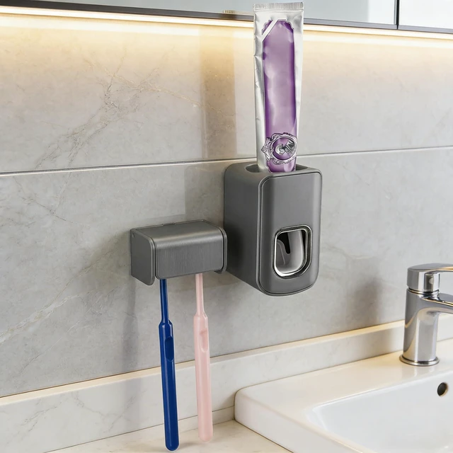 Alt view image 2 of 6 - Toothbrush Holder Wall Mounted with Cover for Bathroom, 2 Slots Toothbrush Storage Organizer for Shower, Self Adhesive Toothbrush Hanger with Automatic Toothpaste Squeezer Dispenser