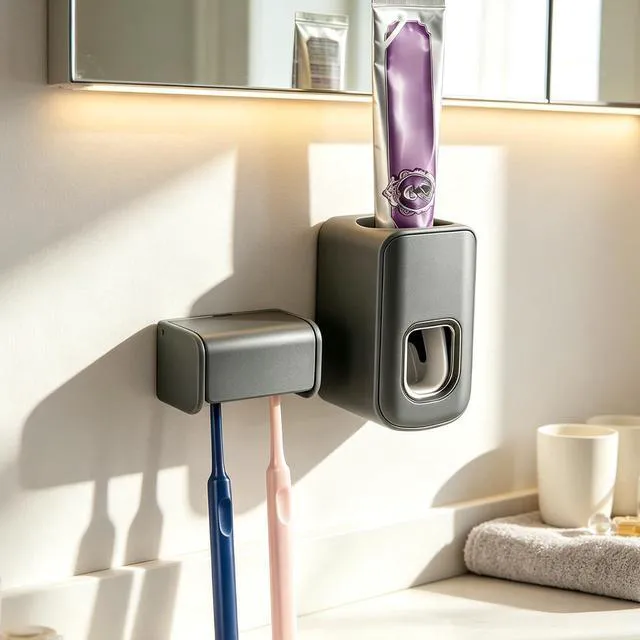 Alt view image 5 of 6 - Toothbrush Holder Wall Mounted with Cover for Bathroom, 2 Slots Toothbrush Storage Organizer for Shower, Self Adhesive Toothbrush Hanger with Automatic Toothpaste Squeezer Dispenser