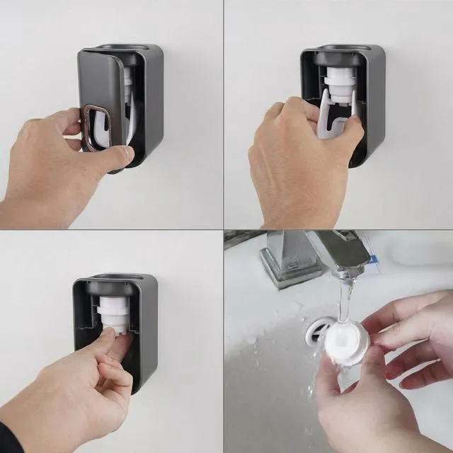 Alt view image 6 of 6 - Toothbrush Holder Wall Mounted with Cover for Bathroom, 2 Slots Toothbrush Storage Organizer for Shower, Self Adhesive Toothbrush Hanger with Automatic Toothpaste Squeezer Dispenser
