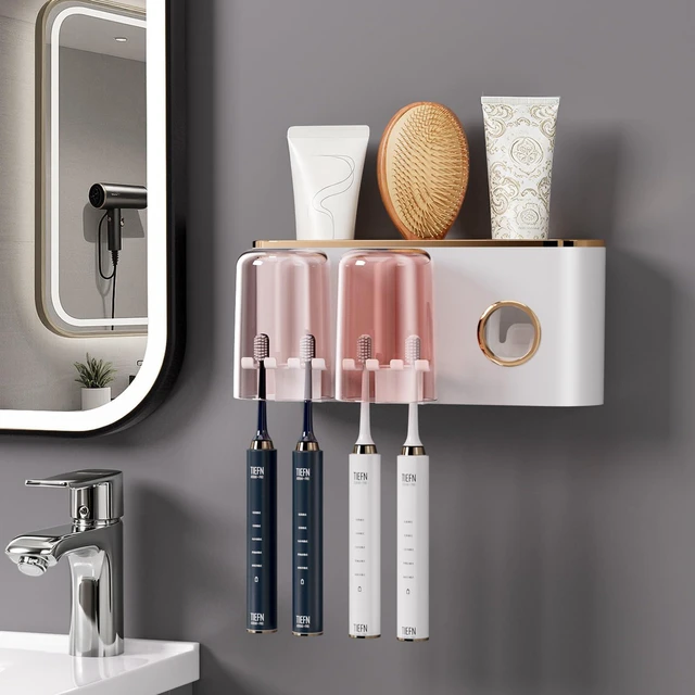 Main image of Toothbrush Holder Wall Mounted with Toothpaste Dispenser, 2 Cups Bathroom Organizer, No Drilling Self Adhesive Holder with Grid, Space Saving White
