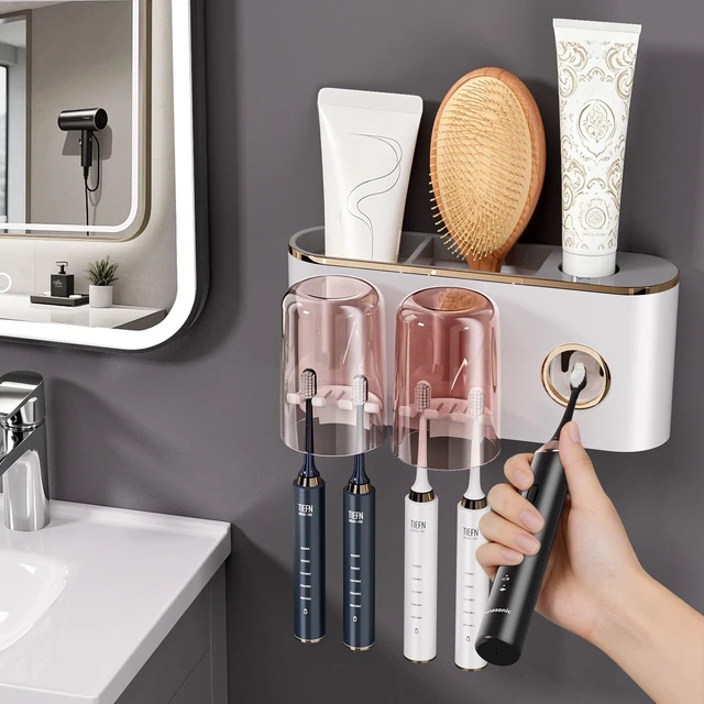 Alt view image 2 of 7 - Toothbrush Holder Wall Mounted with Toothpaste Dispenser, 2 Cups Bathroom Organizer, No Drilling Self Adhesive Holder with Grid, Space Saving White