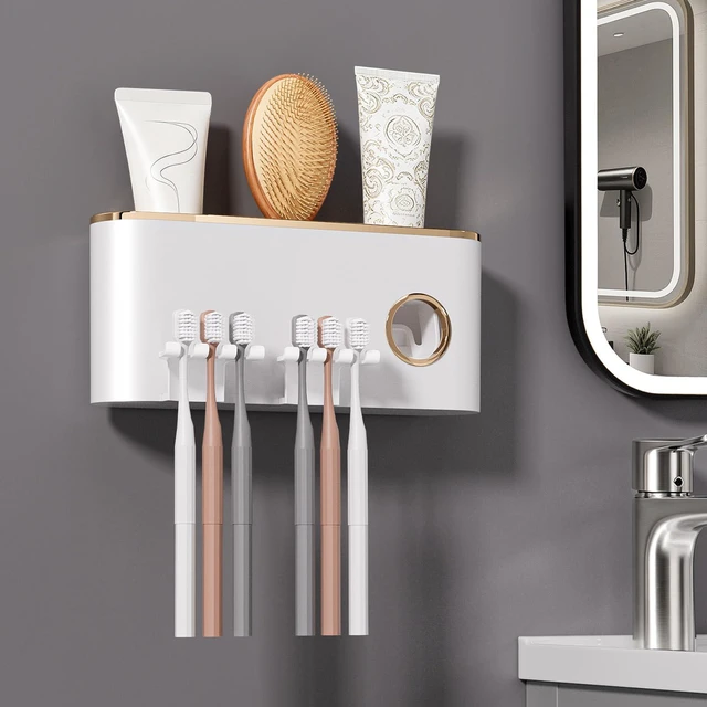Alt view image 3 of 7 - Toothbrush Holder Wall Mounted with Toothpaste Dispenser, 2 Cups Bathroom Organizer, No Drilling Self Adhesive Holder with Grid, Space Saving White