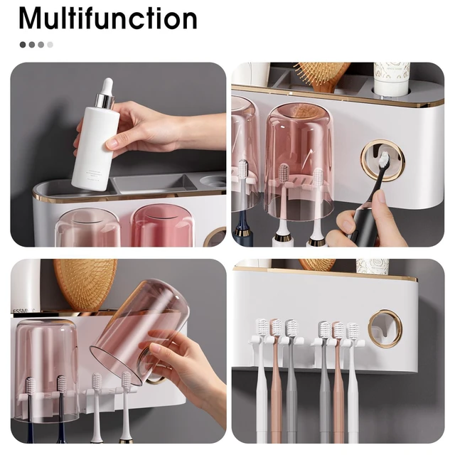 Alt view image 4 of 7 - Toothbrush Holder Wall Mounted with Toothpaste Dispenser, 2 Cups Bathroom Organizer, No Drilling Self Adhesive Holder with Grid, Space Saving White