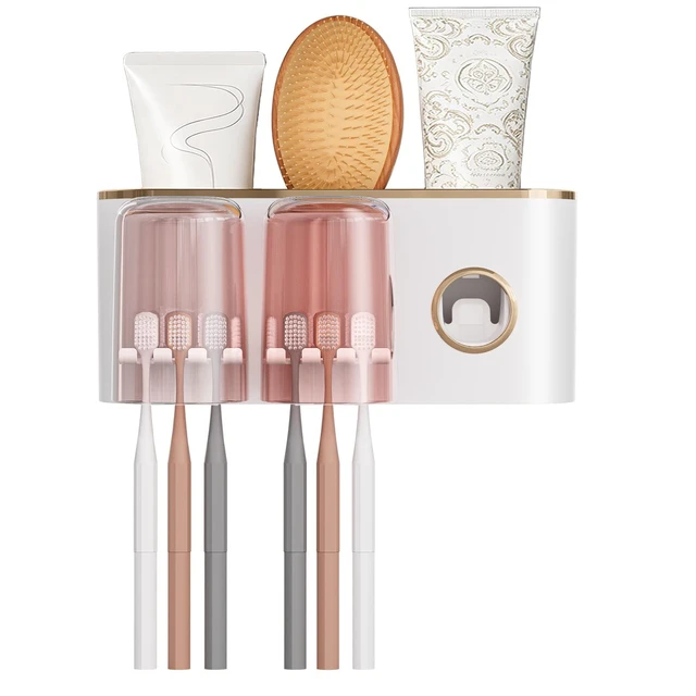 Alt view image 6 of 7 - Toothbrush Holder Wall Mounted with Toothpaste Dispenser, 2 Cups Bathroom Organizer, No Drilling Self Adhesive Holder with Grid, Space Saving White