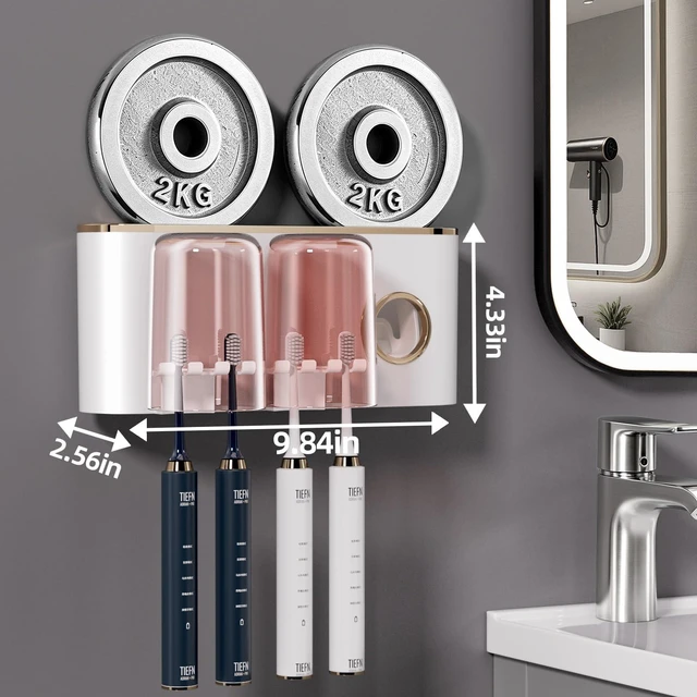 Alt view image 5 of 7 - Toothbrush Holder Wall Mounted with Toothpaste Dispenser, 2 Cups Bathroom Organizer, No Drilling Self Adhesive Holder with Grid, Space Saving White