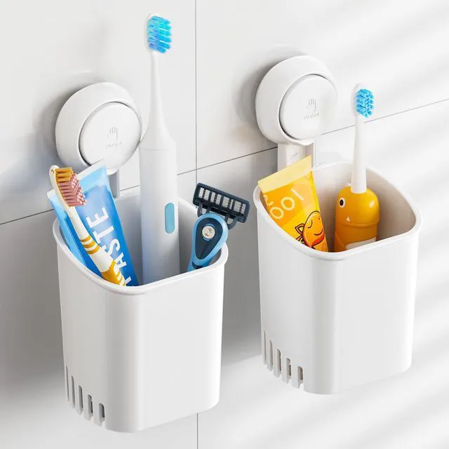 Main image of Suction Cup Toothbrush Holders for Bathroom Wall 2Pack, White | Shower Toothbrush and Toothpaste Holder, Drill-Free 1S Installtion, Removable Powerful Suction Cup Organizer, Self-draining