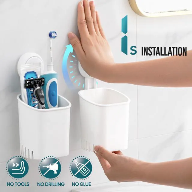 Alt view image 2 of 7 - Suction Cup Toothbrush Holders for Bathroom Wall 2Pack, White | Shower Toothbrush and Toothpaste Holder, Drill-Free 1S Installtion, Removable Powerful Suction Cup Organizer, Self-draining