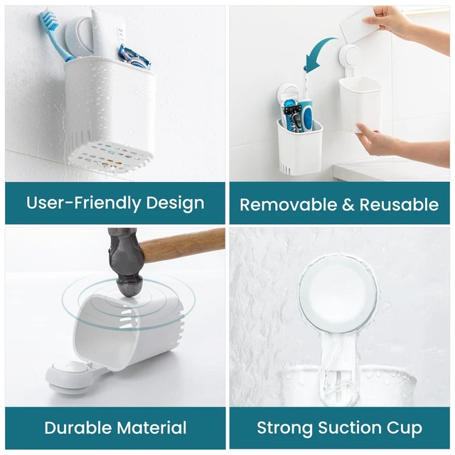 Alt view image 6 of 7 - Suction Cup Toothbrush Holders for Bathroom Wall 2Pack, White | Shower Toothbrush and Toothpaste Holder, Drill-Free 1S Installtion, Removable Powerful Suction Cup Organizer, Self-draining