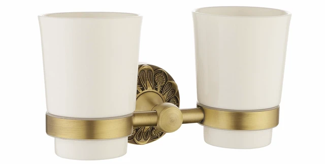 Main image of Double Toothbrush Holder Wall Mounted, Mouthwash Cup Holder for Bathroom Wall, Antique Brass Holder and Two White Ceramic Cups, Vintage Petal-Relief Bathroom Decorative Accessories