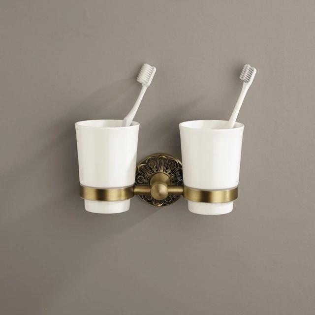 Alt view image 2 of 6 - Double Toothbrush Holder Wall Mounted, Mouthwash Cup Holder for Bathroom Wall, Antique Brass Holder and Two White Ceramic Cups, Vintage Petal-Relief Bathroom Decorative Accessories