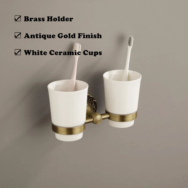 Alt view image 3 of 6 - Double Toothbrush Holder Wall Mounted, Mouthwash Cup Holder for Bathroom Wall, Antique Brass Holder and Two White Ceramic Cups, Vintage Petal-Relief Bathroom Decorative Accessories