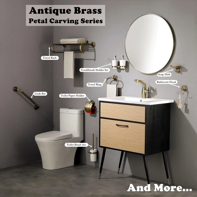 Alt view image 6 of 6 - Double Toothbrush Holder Wall Mounted, Mouthwash Cup Holder for Bathroom Wall, Antique Brass Holder and Two White Ceramic Cups, Vintage Petal-Relief Bathroom Decorative Accessories