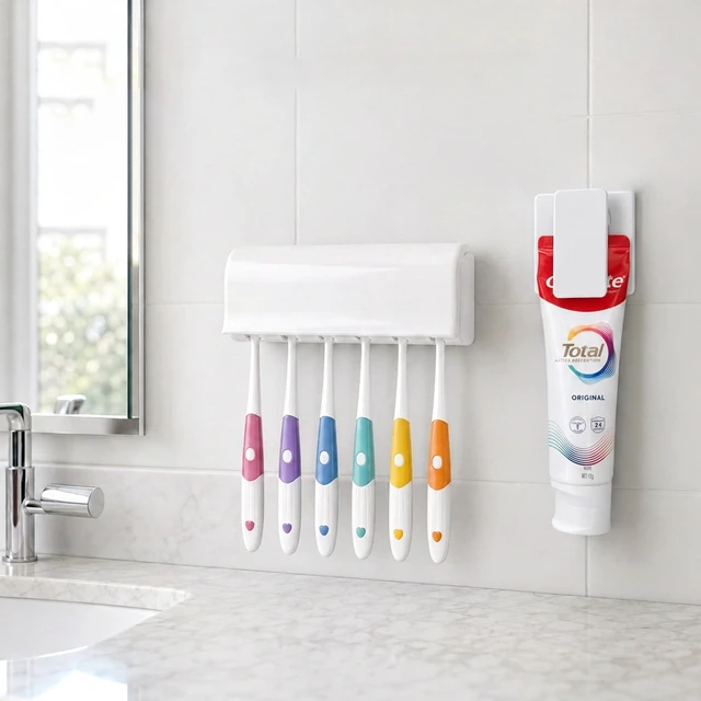 Alt view image 6 of 7 - 6 Slots Toothbrush Holder with Dustproof Cover & Toothpaste Clip, Plastic Self-Adhesive Brush Hanger for Shower, Compatible with Oral-B/Colgate Manual Toothbrush