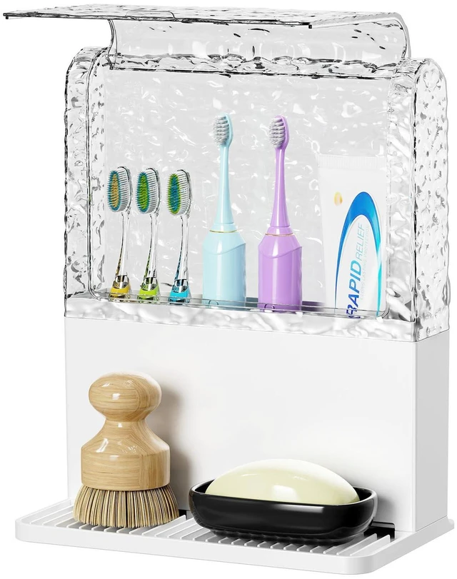Main image of Toothbrush Holders for Bathrooms with Cover (White) | Drainage,Non-Slip,Easy To Clean,Removable Kids Electric Toothbrush and Toothpaste Holder for Bathroom Countertop Organizer