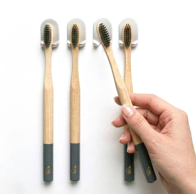 Main image of Aluminum Toothbrush Holder, Set of 4 Wall Mounted Self-Adhesive Clips, Anodized Finish for Quick-Dry Storage No Drilling Required