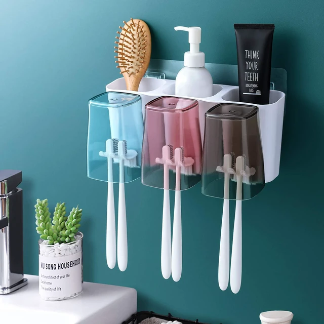 Main image of Toothbrush Holder for Bathroom, Eco-Friendly Mighty Large Capacity Toothbrush Holder Wall Mounted with 3 Square Cups for Family or Dormitory (Square Cup)