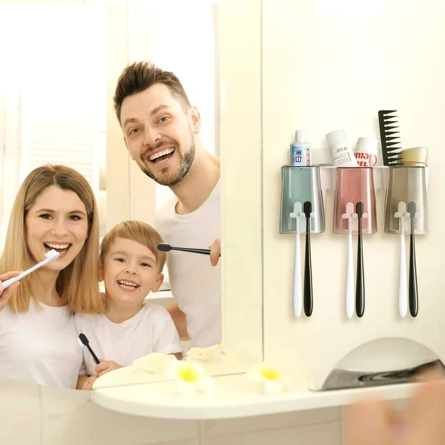 Alt view image 2 of 7 - Toothbrush Holder for Bathroom, Eco-Friendly Mighty Large Capacity Toothbrush Holder Wall Mounted with 3 Square Cups for Family or Dormitory (Square Cup)