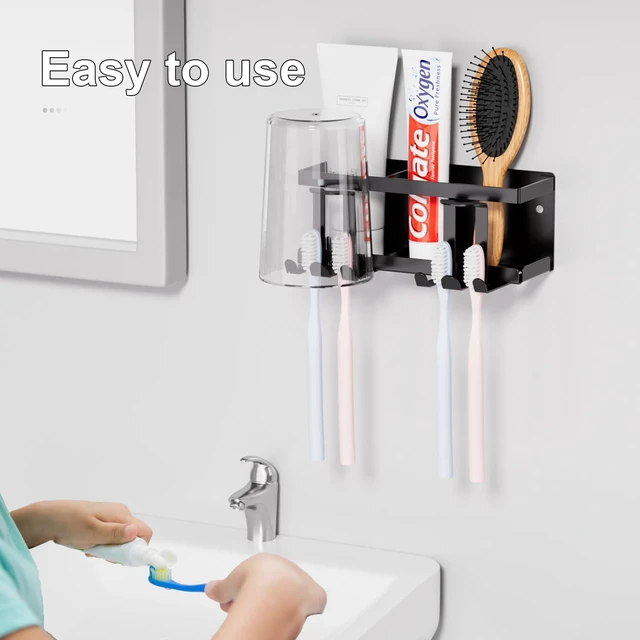 Alt view image 3 of 7 - Wall Mounted Toothbrush Holders for Bathroom, Self Adhesive or Drill, Black | Sturdy Metal Large Capacity Storage Tray, Organizer for Toothpaste, Razor, Bathroom Accessories, RV Hanging Shower Rack